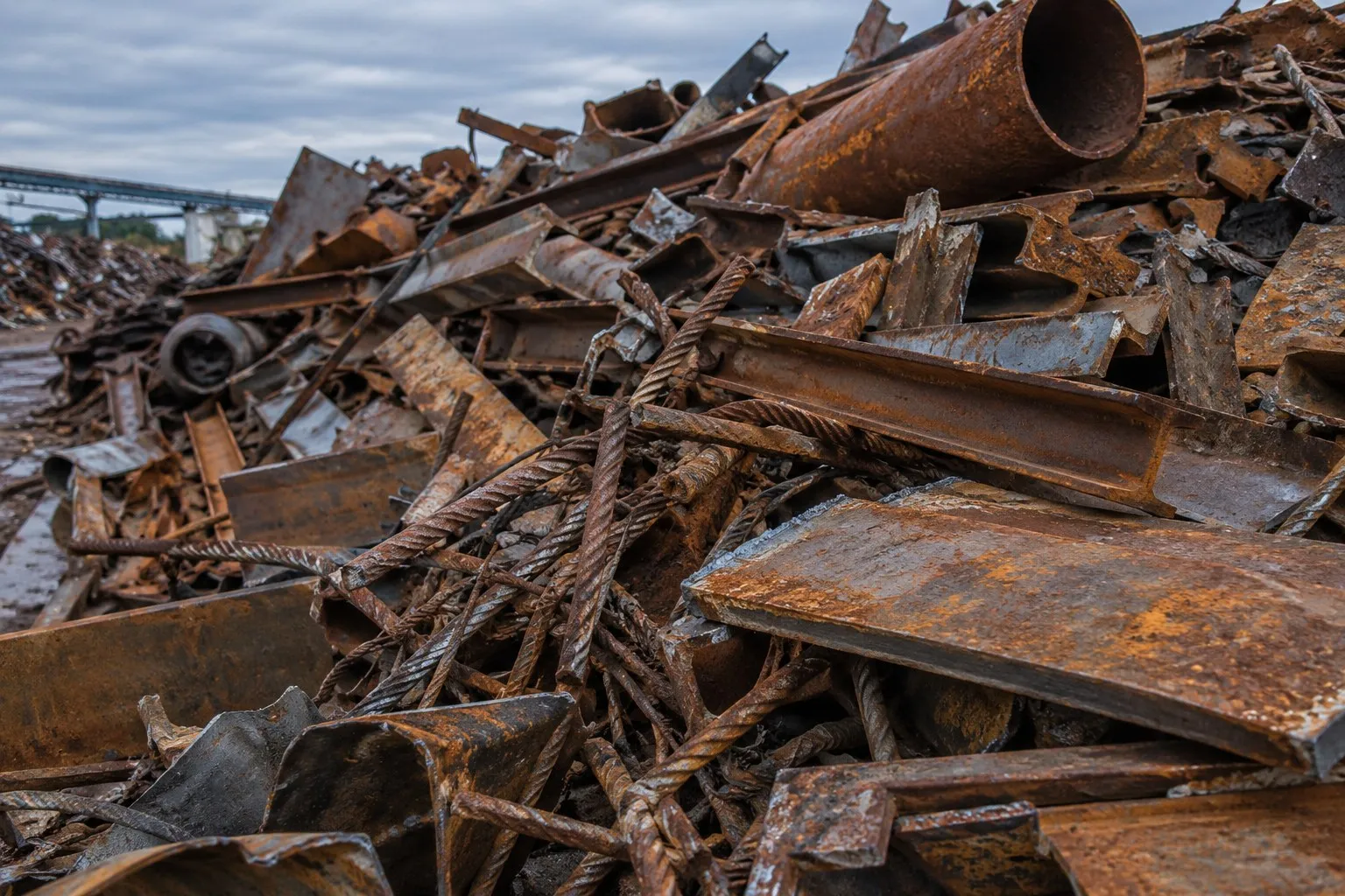 Paslı boru, kiriş, levha ve inşaat demirlerinden oluşan demir hurda yığını