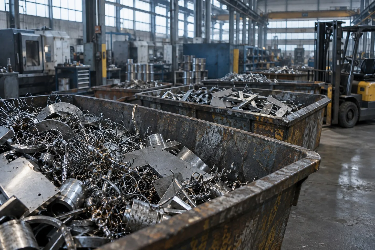 Fabrika salonunda metal kesim artığı ve talaşla dolu hurda konteynerleri, arkada forklift